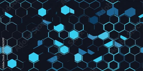 Futuristic seamless pattern with glowing blue hexagons, an abstract digital background for science and technology