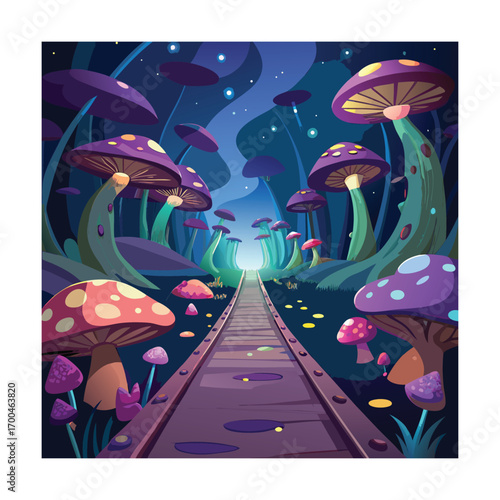 Enchanted Pathway with Glowing Mushrooms Artwork