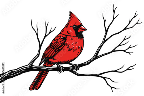 A vibrant red cardinal perched gracefully on a bare branch, its feathers a striking contrast against the stark white background isolated on white background vector illustration