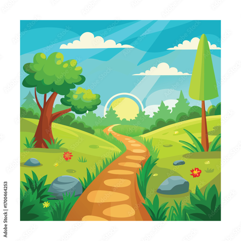 Fototapeta premium Cartoon Summer Trail with Bright Grass Scene