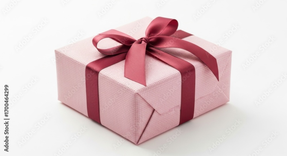 Obraz premium Pink Gift Box Wrapped with Red Satin Ribbon and Bow on White Background