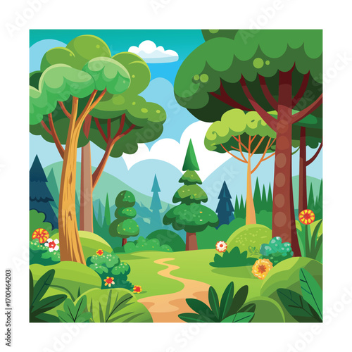 Cartoon Summer Forest with Bushes and Trees Illustration