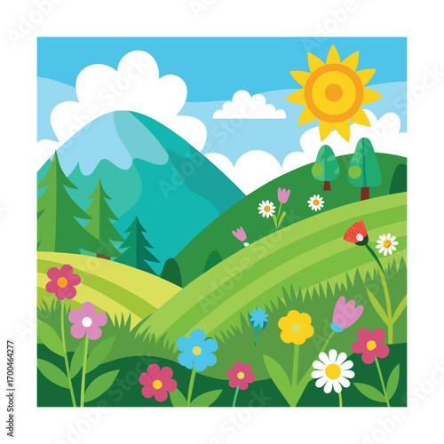 Cartoon Sunny Hillside with Wildflowers Artwork