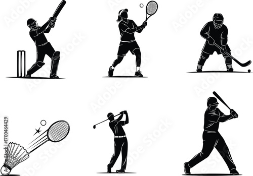 Cricket, tennis, hockey, badminton, golf, baseball vector icons, black and white sports illustrations, athlete silhouettes, action poses, equipment, competitive games