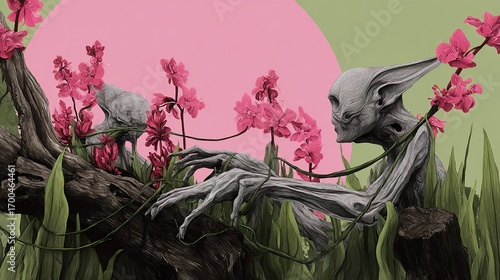 Surreal figure surrounded by flowers and plants