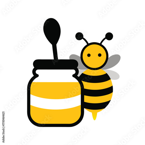 Vector Bee Sitting on Honey Jar with Dipper Cartoon