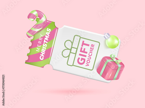 Merry Christmas gift voucher coupon banner for Discount online shopping with  gift box, Candy cane and ball decorations background. Vector Premium.