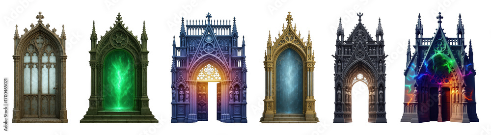 Obraz premium Gothic portal set including closed, glowing, open, magical, and ornate stone archways isolated. Fantasy game assets and mystical gateway collection.