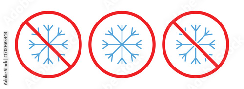 Do Not Freeze Icon Set – No Snowflake, Prohibition Sign, Winter Weather Vector Illustration.