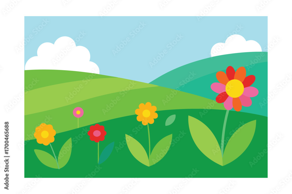 Fototapeta premium Green Field with Colorful Meadow Flowers Vector Background