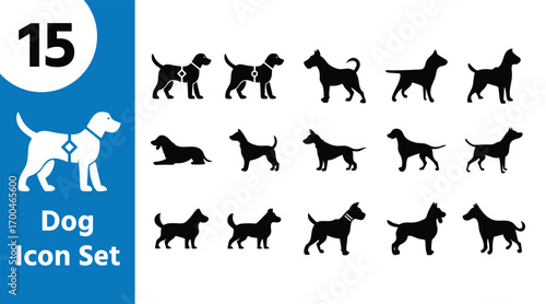 Collection of 15 distinct dog silhouettes icons for various design projects