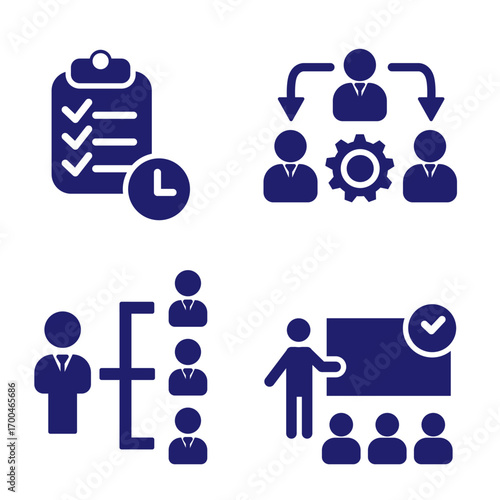 Business or organisation management icon. Containing manager, teamwork, strategy, marketing, business, planning, training, employee icon. Solid icon vector collection. Eps 10. 