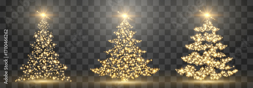 Vector Christmas tree made of glowing lights. Bright shiny Christmas light. Glittering lights in the form of a Christmas tree. Gold glowing spruce luxurious design. Vector on png background.