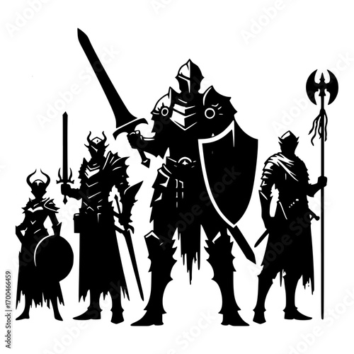 Guardian Shadows: Silhouetted figures of noble guardians, fully armored and wielding weapons stand defiant, embodying strength and preparedness against an unseen foe.