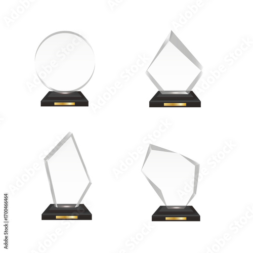 Realistic blank acrylic glass trophy, symbol of success and achievement.