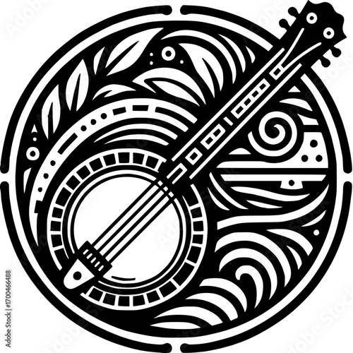 Banjo Ornament: A beautiful, detailed, black and white artistic banjo illustration against an circular background of floral pattern. evoking rhythm and musical heritage.