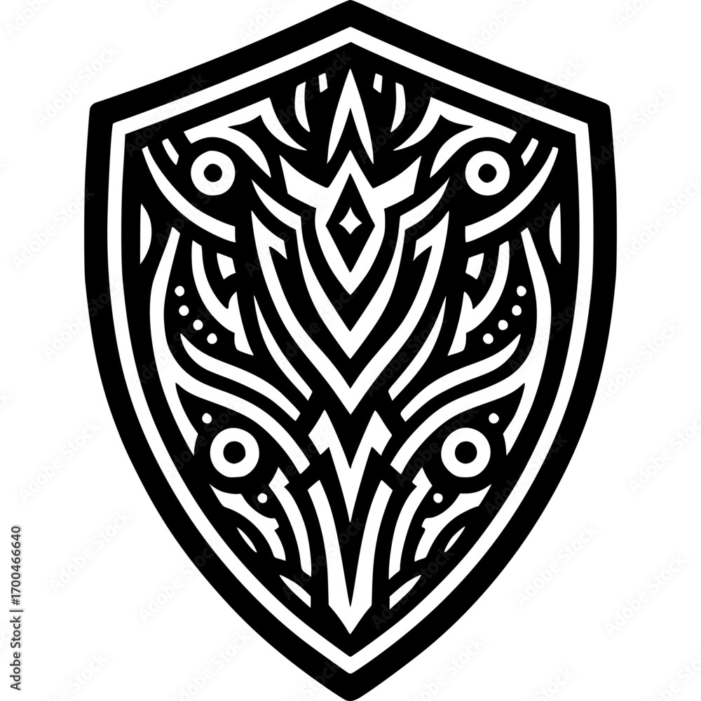 Obraz premium Intricate Shield Design: A meticulously crafted shield, its surface adorned with an elegant, symmetrical pattern, embodying the concepts of protection, strength, and artistry.
