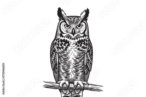 Detailed illustration of a great horned owl isolated on white background, showcasing its prominent ear tufts, piercing eyes, and mottled plumage vector illustration