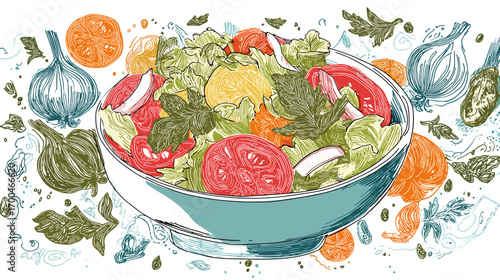 Illustrated bowl of fresh salad with vegetables and herbs.