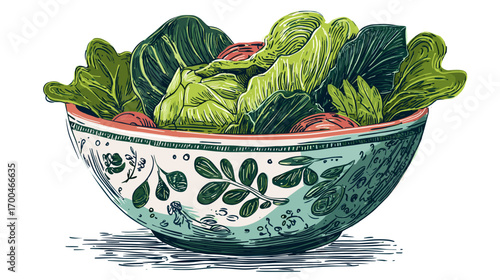 Illustrated bowl of fresh salad with vegetables and herbs.