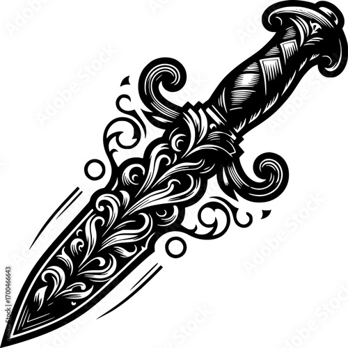 Ancient Dagger Icon: An ornate, intricately designed ancient dagger, with a sharp blade and decorative handle, rendered in a striking illustration style.