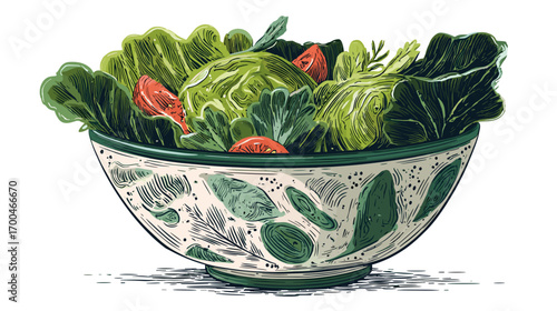 Illustrated bowl of fresh salad with vegetables and herbs.