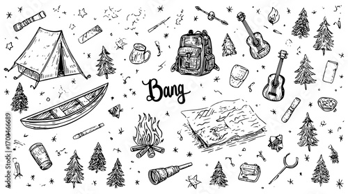 Hand-drawn camping and outdoor adventure icons including tents, campfire, backpack, guitar, canoe, compass, and trees on a transparent background.