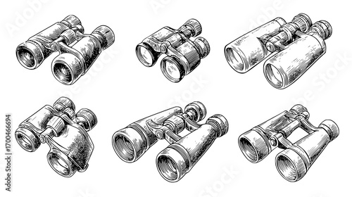 A collection of vintage binoculars and telescopes illustrations on a transparent background.