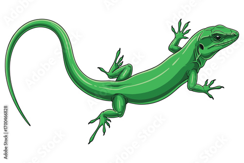 Illustration of a vibrant green lizard with a long, curved tail, showcasing its intricate scales and detailed features isolated on white background vector illustration