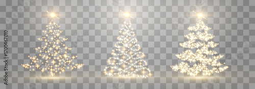 Vector Christmas tree made of glowing lights. Bright shiny Christmas light. Glittering lights in the form of a Christmas tree. Gold glowing spruce luxurious design. Vector on png background.