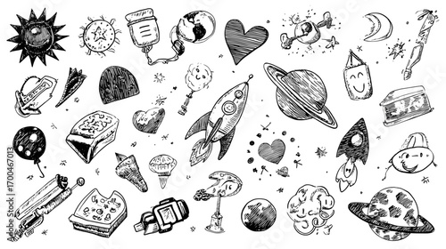 Space-Themed Doodles on Transparent Background