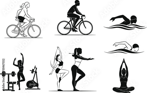 Fitness activity vector icons, cycling, swimming, yoga, gym workout, meditation, exercise poses, healthy lifestyle, sports silhouette, wellness, training, cardio