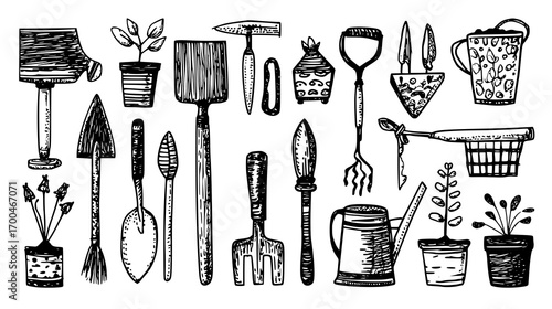 Hand-Drawn Gardening Tools and Plants Illustration