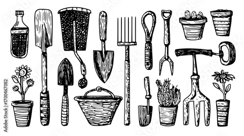 Hand-Drawn Gardening Tools and Plants Illustration