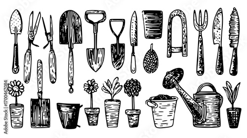 Hand-Drawn Gardening Tools and Plants Illustration