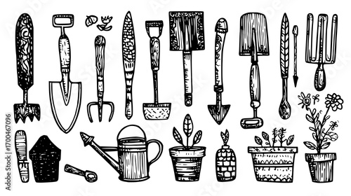 Hand-Drawn Gardening Tools and Plants Illustration