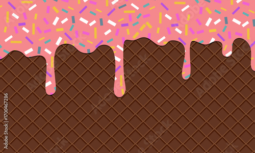 Pink Ice Cream with Sprinkles on Chocolate Waffle