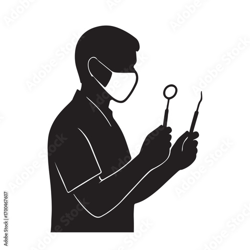 Vector art of silhouette of a dentist holding dental tools