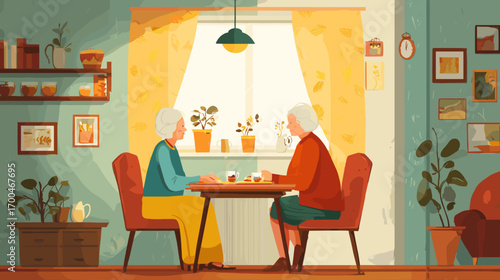 Elderly Women Chatting in Cozy Living Room hand drawn doodle style cozy room 