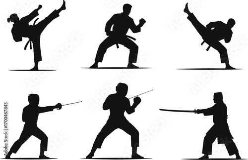 Martial arts silhouette set, karate kick pose, sword fighter stance, taekwondo action, black vector illustration, combat training, weapon technique