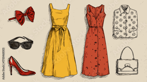 Vintage Fashion Illustration with Dresses and Accessories