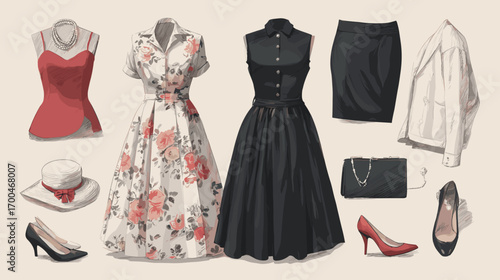Vintage Fashion Illustration with Dresses and Accessories