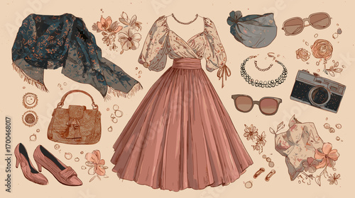Vintage Fashion Illustration with Dresses and Accessories
