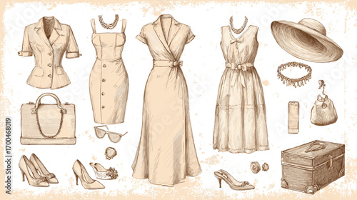 Vintage Fashion Illustration with Dresses and Accessories