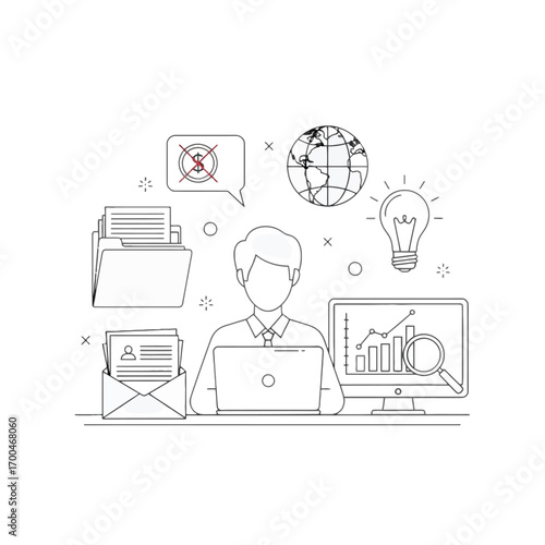 Illustration of business man working on laptop with financial data and global connection