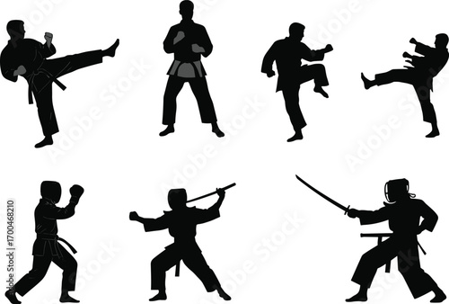 Martial arts silhouette, karate pose, taekwondo kick, sword fighting stance, self defense action, combat training, vector illustration, black figures, isolated