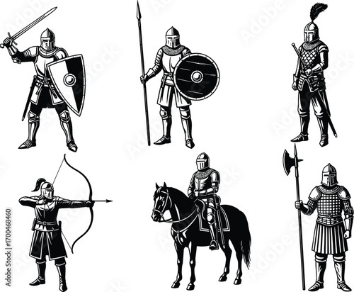 Medieval warrior vector illustration, knight characters in armor, sword, shield, spear, axe, archer, horse rider, battle poses, historic costume, stock art