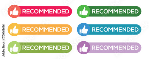 Recommended Icon and Banner Set – Thumbs Up, Star Sticker, Vector Ribbon Label for Marketing.