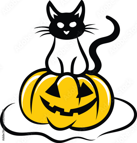 A spooky black cat in a witch hat sitting on an orange pumpkin with a scary jack-o'-lantern face