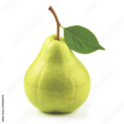 Detailed vector halftone illustration of a ripe pear with leaf. Perfect for healthy eating concepts, food design, packaging or seasonal graphics. Isolated on white background.